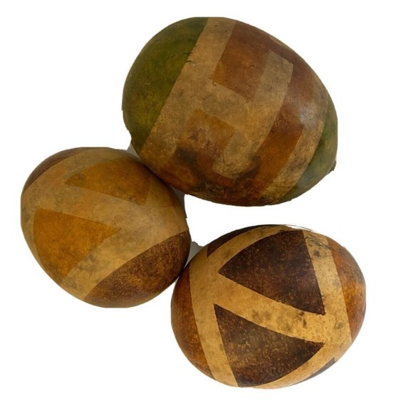African Antique Hand Painted Natural Gourds Decorative Geometric Pattern Set / 3 - Picture 14 of 16